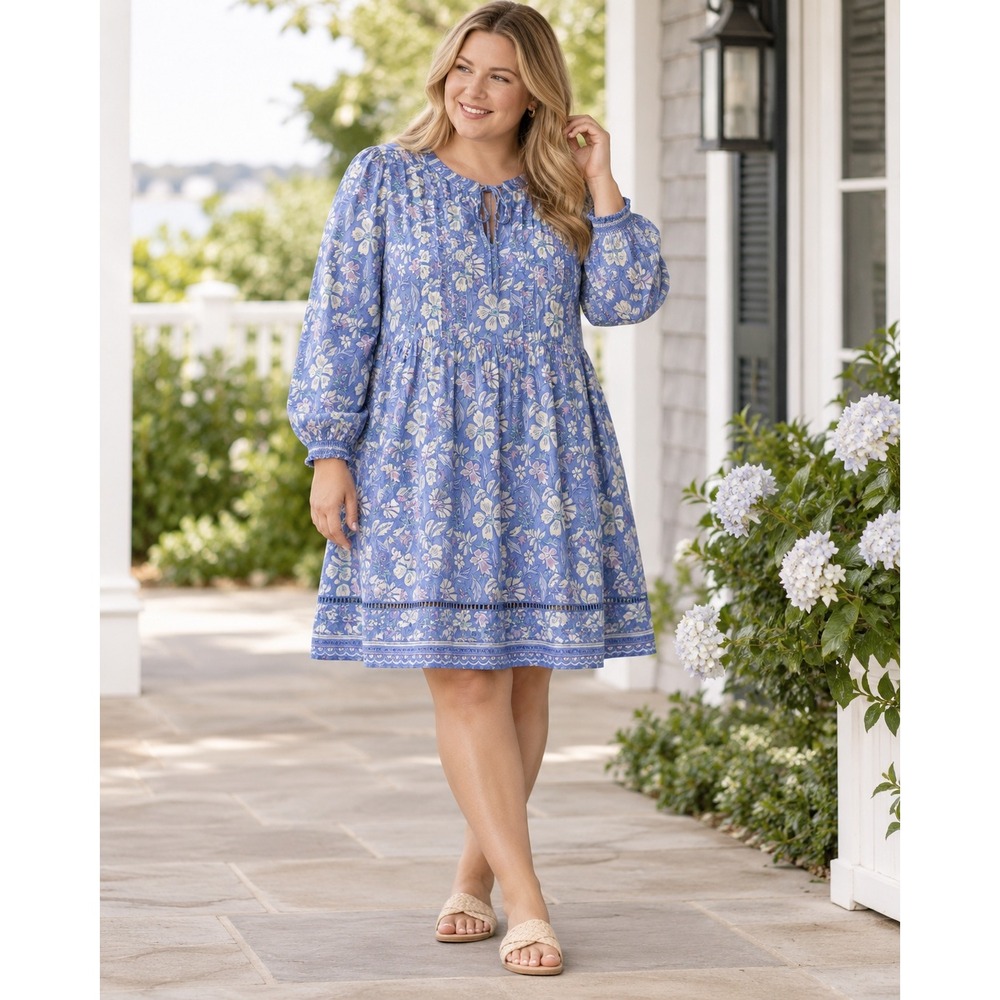 Vineyard Vines Womens XL Blue Floral Pintuck Long Sleeve Mini Dress Tie Neck